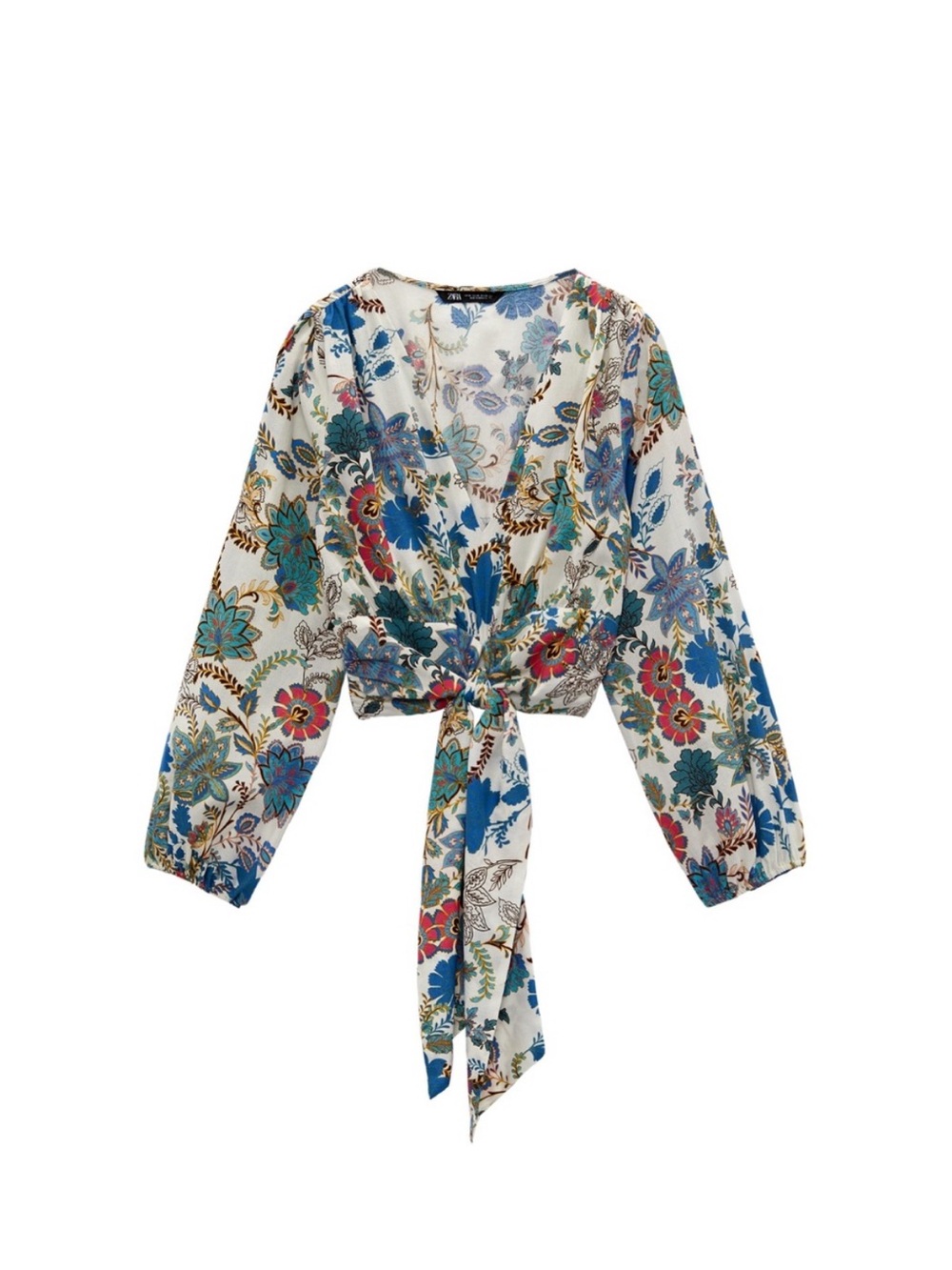 Zara White Floral Tie-Front Blouse with Blue & Red Accents